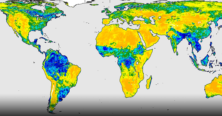 A three-day composite global map of surface soil moisture as retrieved from SMAP's radiometer instrument between Aug. 25-27, 2015. 
