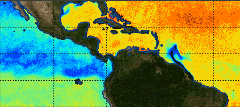 Freshwater is seen entering the Atlantic from the Amazon in a data image from SMAP. Dark blue indicates less salinity.