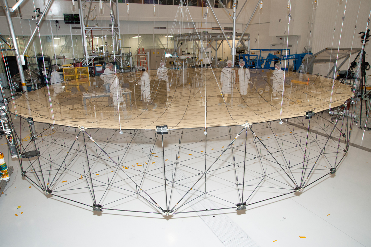 SMAP's antenna is fully unfurled during a ground test. 