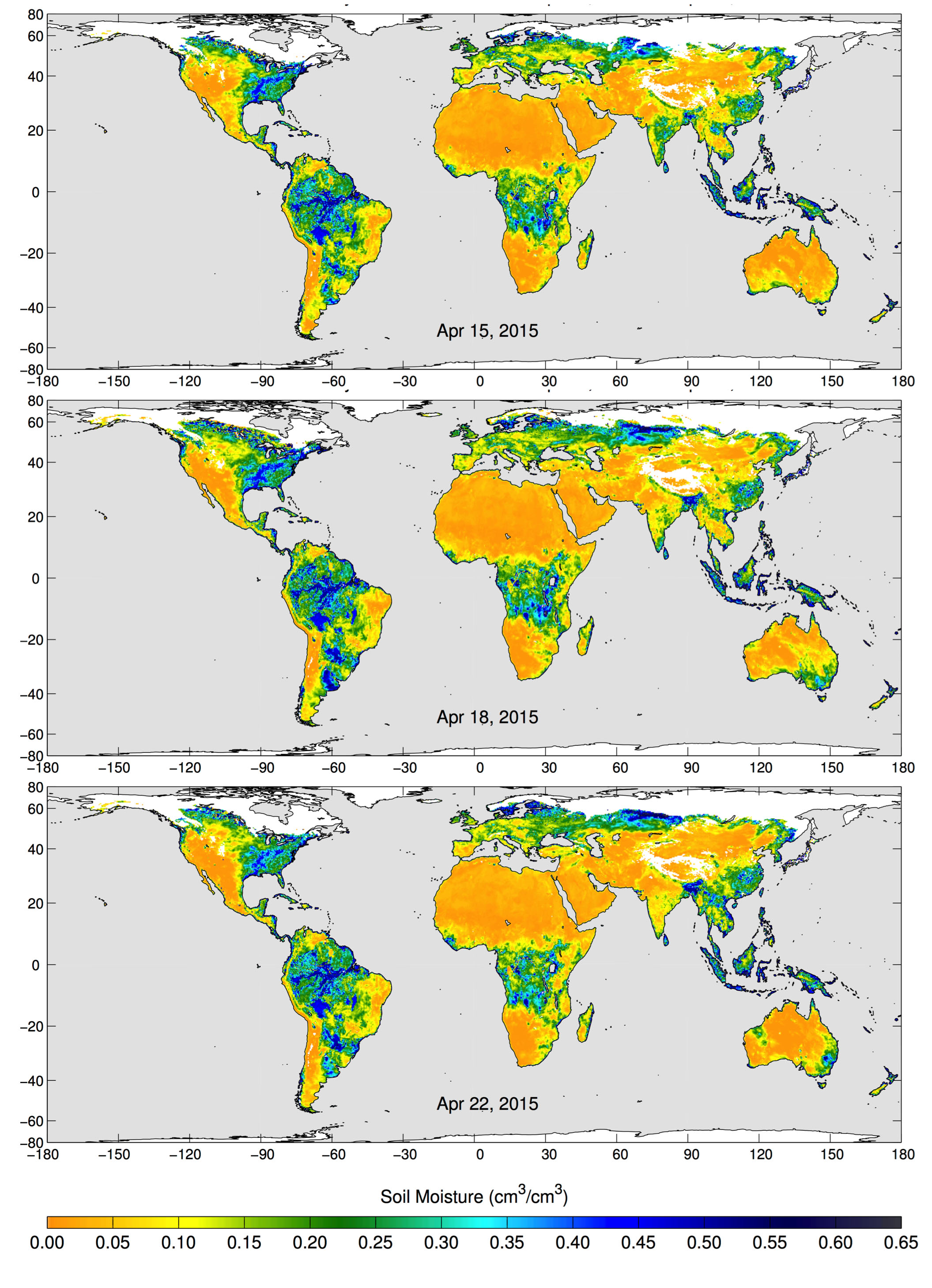 These maps of global soil moisture were created using data from the radiometer instrument on NASA's Soil Moisture Active Passive (SMAP) observatory. Each image is a composite of three days of SMAP radiometer data, centered on April 15, 18 and 22, 2015. The images show the volumetric water content in the top 2 inches (5 centimeters) of soil. Wetter areas are blue and drier areas are yellow. White areas indicate snow, ice or frozen ground. 