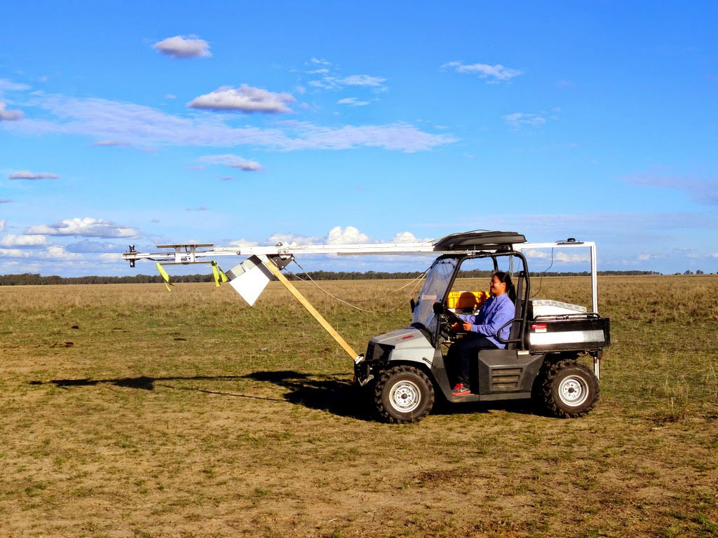 The team members' buggy carries an ELBARA III radiometer, a GNSS-R reflectometer known as LARGO, as well as multi-spectral sensors. Photo by Muhsiul Hassan, Monash University, Australia
