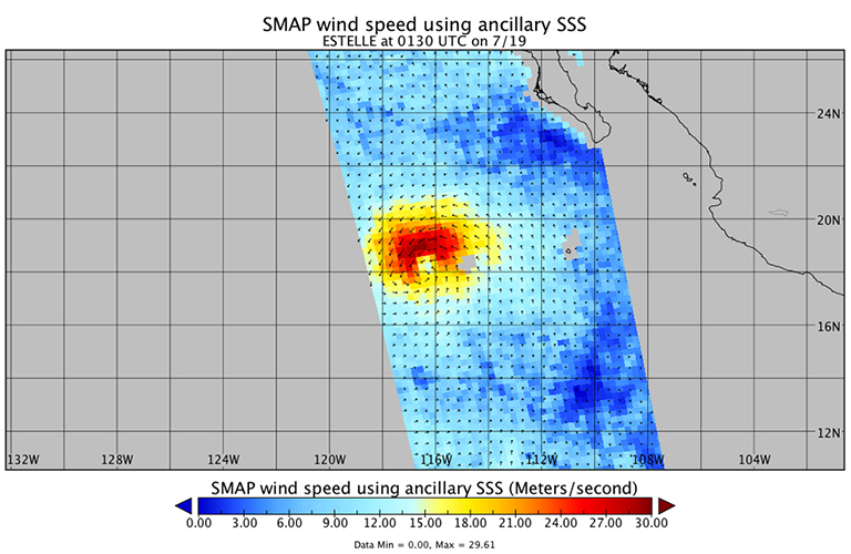 SMAP data were used to estimate ocean winds around Tropical Storm Estelle. On July 19 at 0130 UTC SMAP data showed that strongest surface winds around Estelle were near 30 meters per second (67.1 mph/ 108 kph).