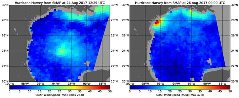The rapid intensification of Hurricane Harvey is seen in this pair of images of ocean surface wind speeds as observed by the radiometer instrument aboard NASA's Soil Moisture Active Passive (SMAP) satellite.